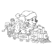 página para colorir: Her&oacute;i da Disney vestindo tampa de v&eacute;spera de Ano Novo no trem com presentes