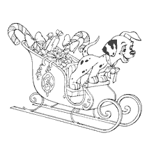 página para colorir: Sleigh com presentes e um cachorro no primeiro plano