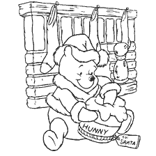 página para colorir: Urso Winnie em frente a uma lareira com uma lata de mel