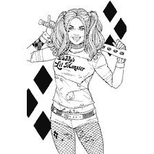 pagina da colorare: Harley Quinn con un pipistrello in mano, pronto per l'avventura