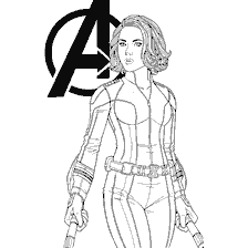 pagina da colorare: Vedova nera in colorazione con il simbolo Avengers sullo sfondo