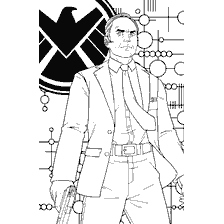 pagina da colorare: Phil Coulson con una pistola davanti al logo SHIELD.