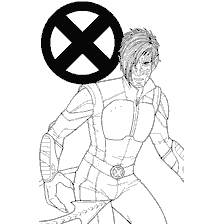 pagina da colorare: Disegno di contorno bianco e nero del supereroe Night Snake con il simbolo X sullo sfondo.