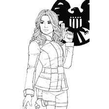 pagina da colorare: Sharon Carter con una pistola e simboli SHIELD.