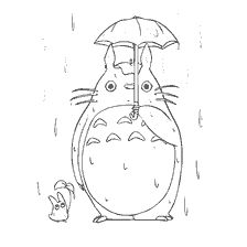 coloring page: Totoro holds an umbrella in the rain with a young friend