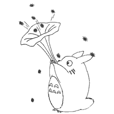 coloring page: Totoro holds a large umbrella and seed flies around it