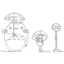 coloring page: Totoro and girl Satsuki stand in the rain with umbrellas
