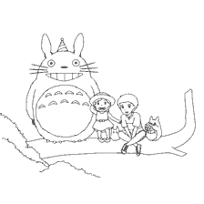 coloring page: Totoro and two kids on a branch