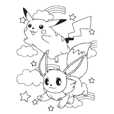 kolorowanka: Kolorowanki z Pikachu i Vaporeon na tle chmur i gwiazd