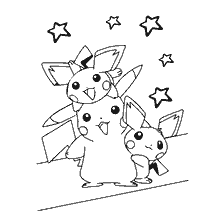 kolorowanka: Pikachu z dwoma Pichu i gwiazdami
