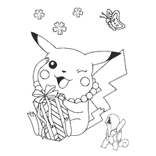 kolorowanka: Pikachu raduje się prezentem i błyszczącym uśmiechem