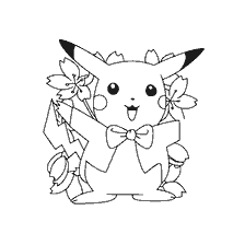 kolorowanka: Pikachu z kwiatami i łukiem