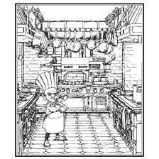 coloriage: Image pour colorier Ratatouille, Skinner dans la cuisine à la recherche de cuillères