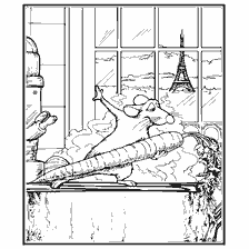 coloriage: Dessin de Remy de Ratatouille avec une carotte et la Tour Eiffel en arrière plan