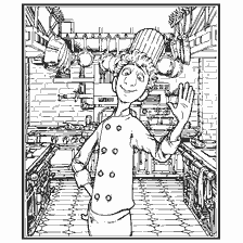 coloriage: Linguini gestes salutations, debout dans la cuisine du restaurant