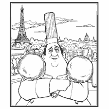 coloriage: Dessin du chef Gusteau avec des pots sur fond de Tour Eiffel