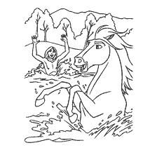 coloring page: Spirit: Lord of the Prairies with a bathing horse and a man