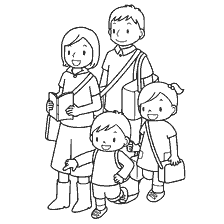 boyama sayfası: Kitaplar ve sırt &ccedil;antaları ile d&ouml;rt kişilik bir ailenin &ccedil;izimi