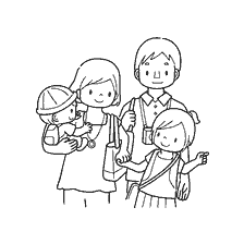 boyama sayfası: D&ouml;rt kişilik bir aile: anne, baba, oğul ve kızı. Anne k&uuml;&ccedil;&uuml;k &ccedil;ocuğu tutar ve kızı parmağını tarafa işaret eder.