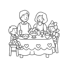 boyama sayfası: Ebeveynlerle aile &ouml;ğle yemeği ve masada &ccedil;ocuklar