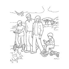 boyama sayfası: Aile y&uuml;r&uuml;yor, scooterları ve bisiklet &ccedil;ocukları