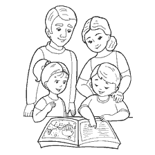 boyama sayfası: Aile birlikte bir kitap okuyor