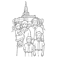 boyama sayfası: Binanın &ouml;n&uuml;nde 5 kişilik aile