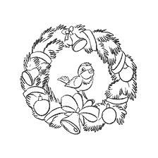 página para colorir: Um esbo&ccedil;o de uma grinalda de Natal com um p&aacute;ssaro e j&oacute;ias