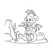 pagina da colorare: Drago Jolly con respiro infuocato vicino al fiore