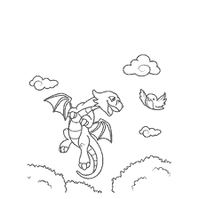 pagina da colorare: Il drago vola sopra le nuvole e guarda l'uccello