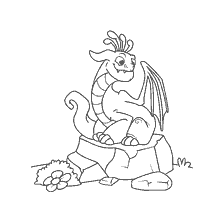 pagina da colorare: Colorazione di un drago seduto su una pietra con fiori