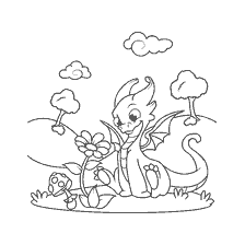 pagina da colorare: Dragon gioca vicino a un fiore e fungo sullo sfondo del cielo e alberi