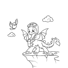 pagina da colorare: Drago in un casco pilota con una piuma e nuvole