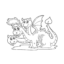 pagina da colorare: Colorante drago a tre teste con volti allegri e respiro infuocato