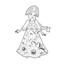 kleurplaat: Tekening van een Russisch meisje in een traditionele kokoshnik en een jurk met een bloemenpatroon