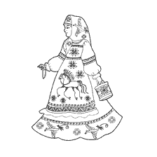 kleurplaat: Tekening van een Russisch meisje in een traditionele outfit met een emmer en sieraden