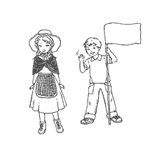 coloring page: National costumes of English children - a girl in a traditional dress and a boy with a flag