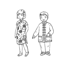 coloring page: Children in traditional Chinese national costumes
