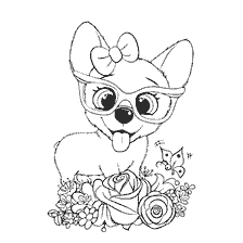 kleurplaat: Puppy met glazen met strik en bloemen