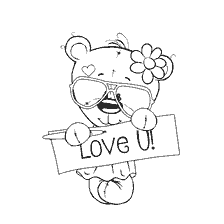 kleurplaat: Tekening van een beer met bril en een teken Love U