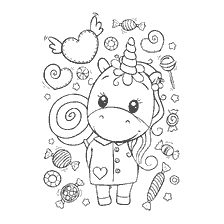 kleurplaat: Tekening van baby eenhoorn met snoep