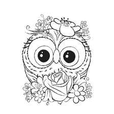 kleurplaat: Een uil kleuren met bloemen en een roos.
