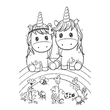 kleurplaat: Oppas: Twee eenhoorns op een regenboog