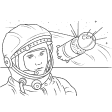coloriage: Coloration avec l'image de Yuri Gagarin et du vaisseau spatial