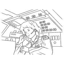 coloriage: Image d'une femme dans une combinaison spatiale de la NASA utilisant la radio