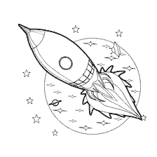 coloriage: Colorer une fus&eacute;e spatiale sur fond d'&eacute;toiles et de plan&egrave;tes