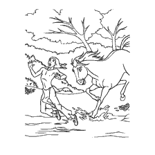coloring page: A horse and an Indian run across the river