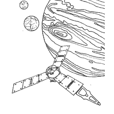 coloriage: Image color&eacute;e repr&eacute;sentant la mission Juno de la NASA arrivant sur l'orbite de Jupiter.