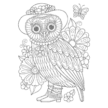 coloring page: Coloring an owl in a hat and boots, surrounded by flowers and a butterfly