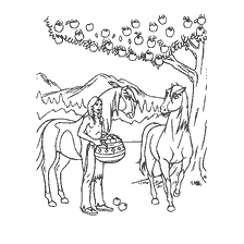 coloring page: Illustration of an Indian with apples and horses against the background of nature